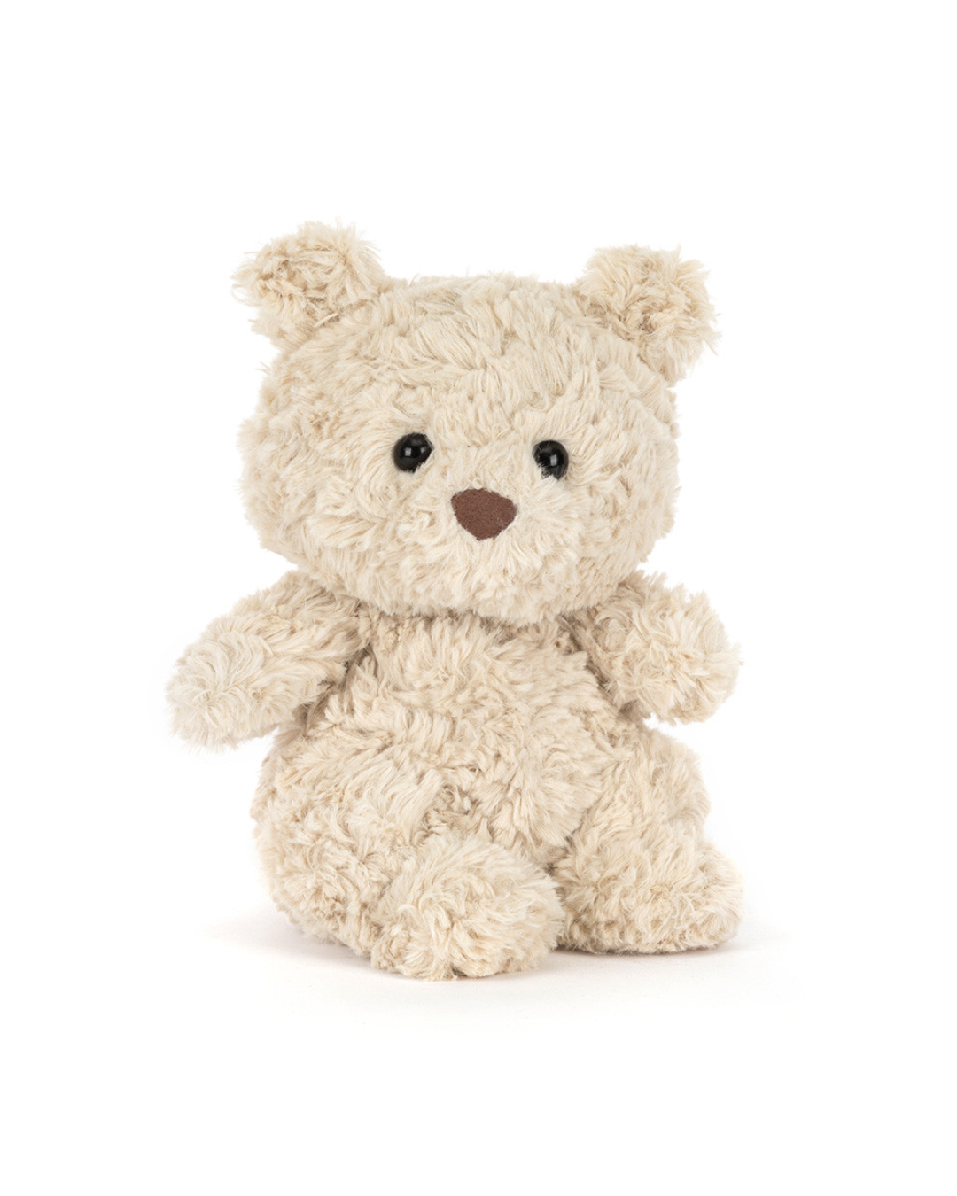 A small plush teddy bear with curly cream-colored fur, black bead eyes, and a brown stitched nose, sitting against a plain white background.