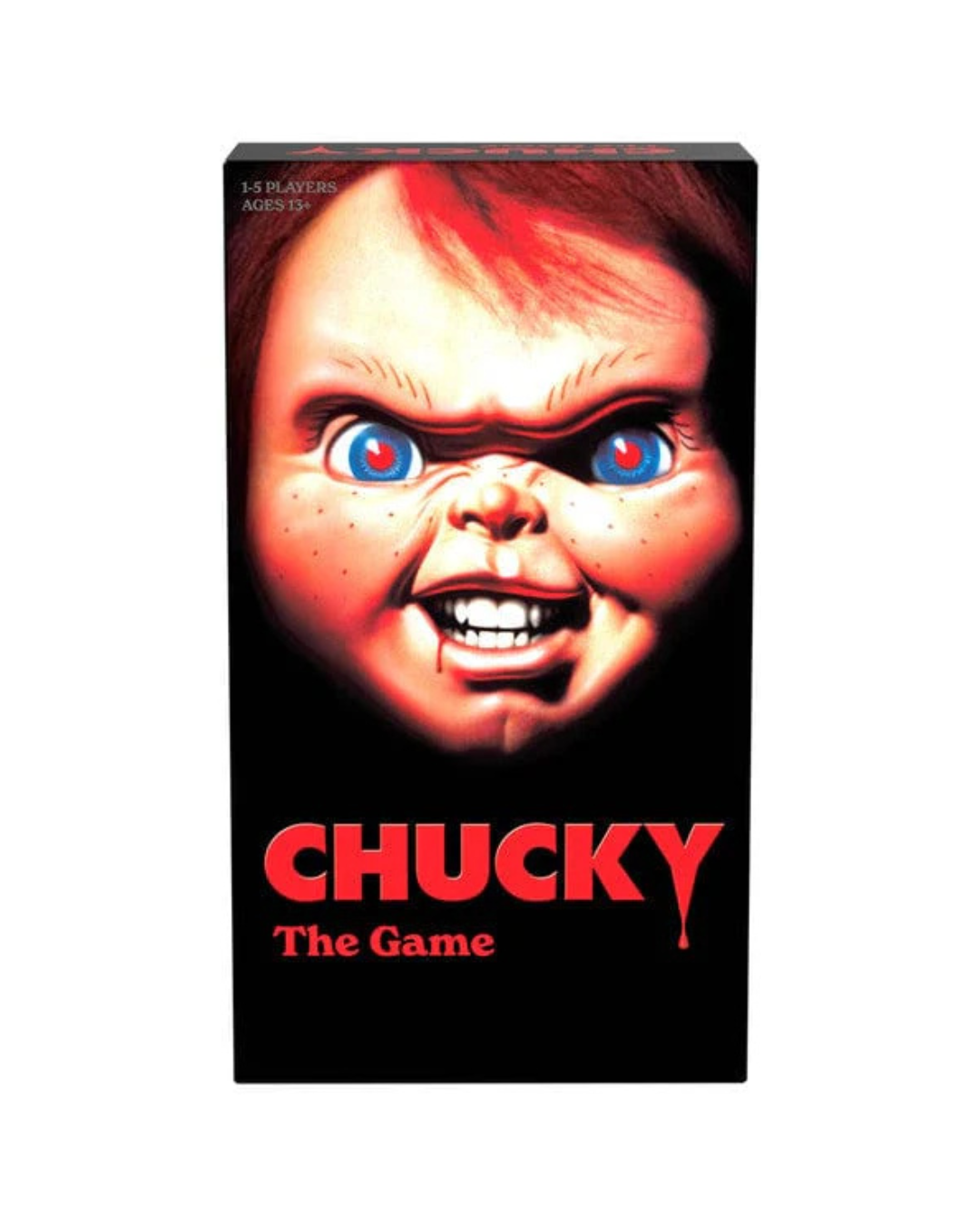 Chucky 'The Game' card game box featuring a creepy doll face illustration with red hair, blue eyes, and a sinister grin on a black background, with the title 'CHUCKY The Game' in red at the bottom.