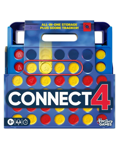 Hasbro Games Connect 4 all-in-one storage box with score tracker, featuring blue plastic storage, red and yellow game discs, and large CONNECT 4 branding on the front.