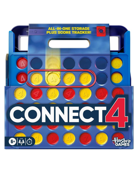 Hasbro Games Connect 4 all-in-one storage box with score tracker, featuring blue plastic storage, red and yellow game discs, and large CONNECT 4 branding on the front.