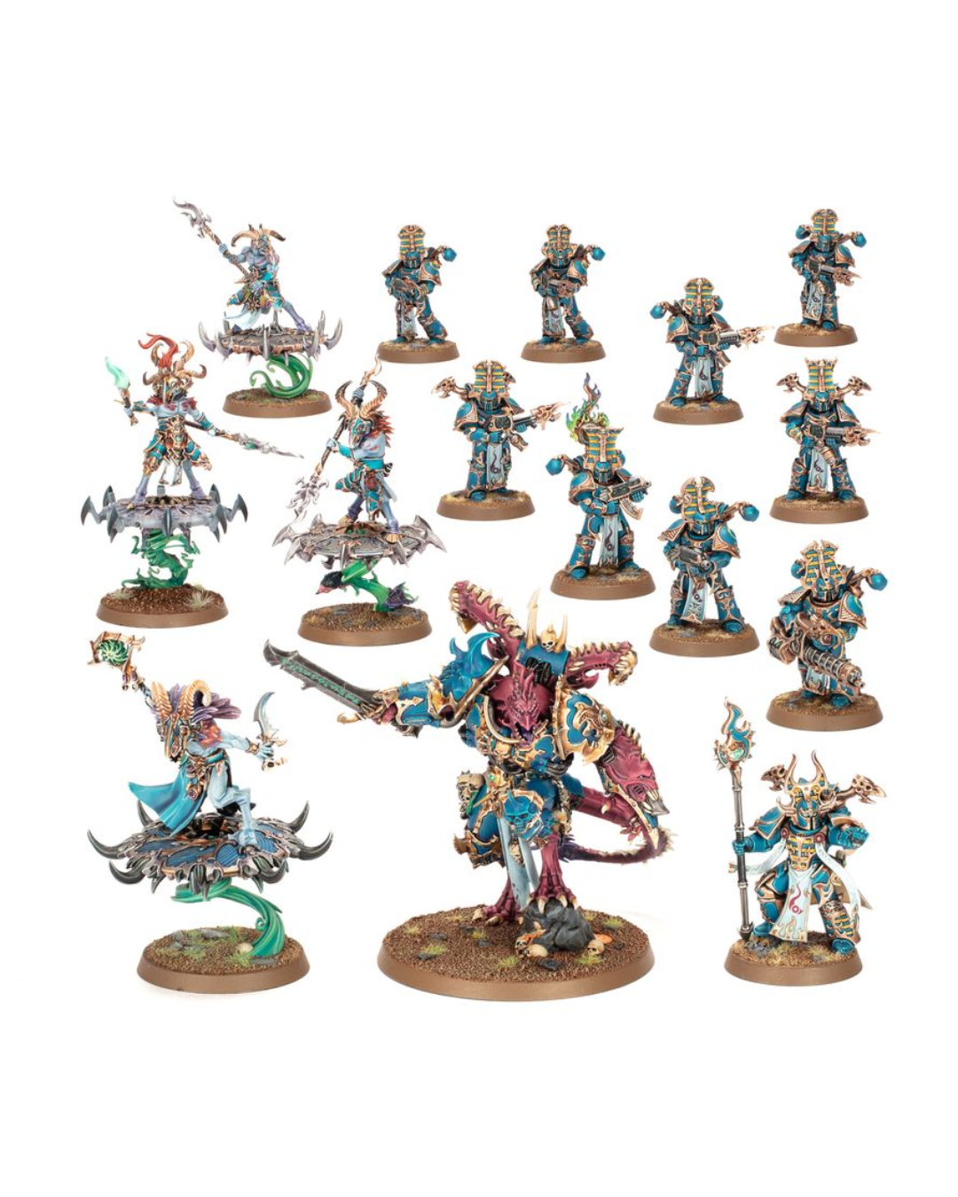 A set of fantasy tabletop miniatures arranged on a plain white background. The figures are highly detailed, armored, and painted in blue, gold, red, and green tones, each mounted on a round brown base.