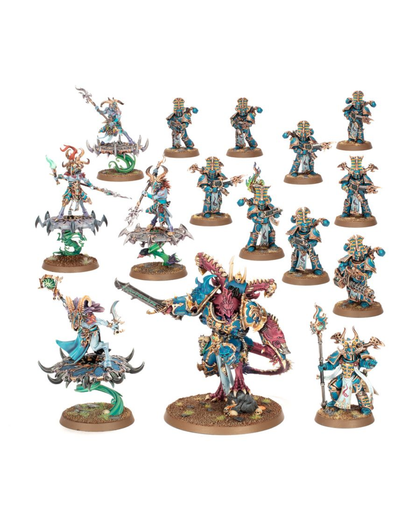 A set of fantasy tabletop miniatures arranged on a plain white background. The figures are highly detailed, armored, and painted in blue, gold, red, and green tones, each mounted on a round brown base.