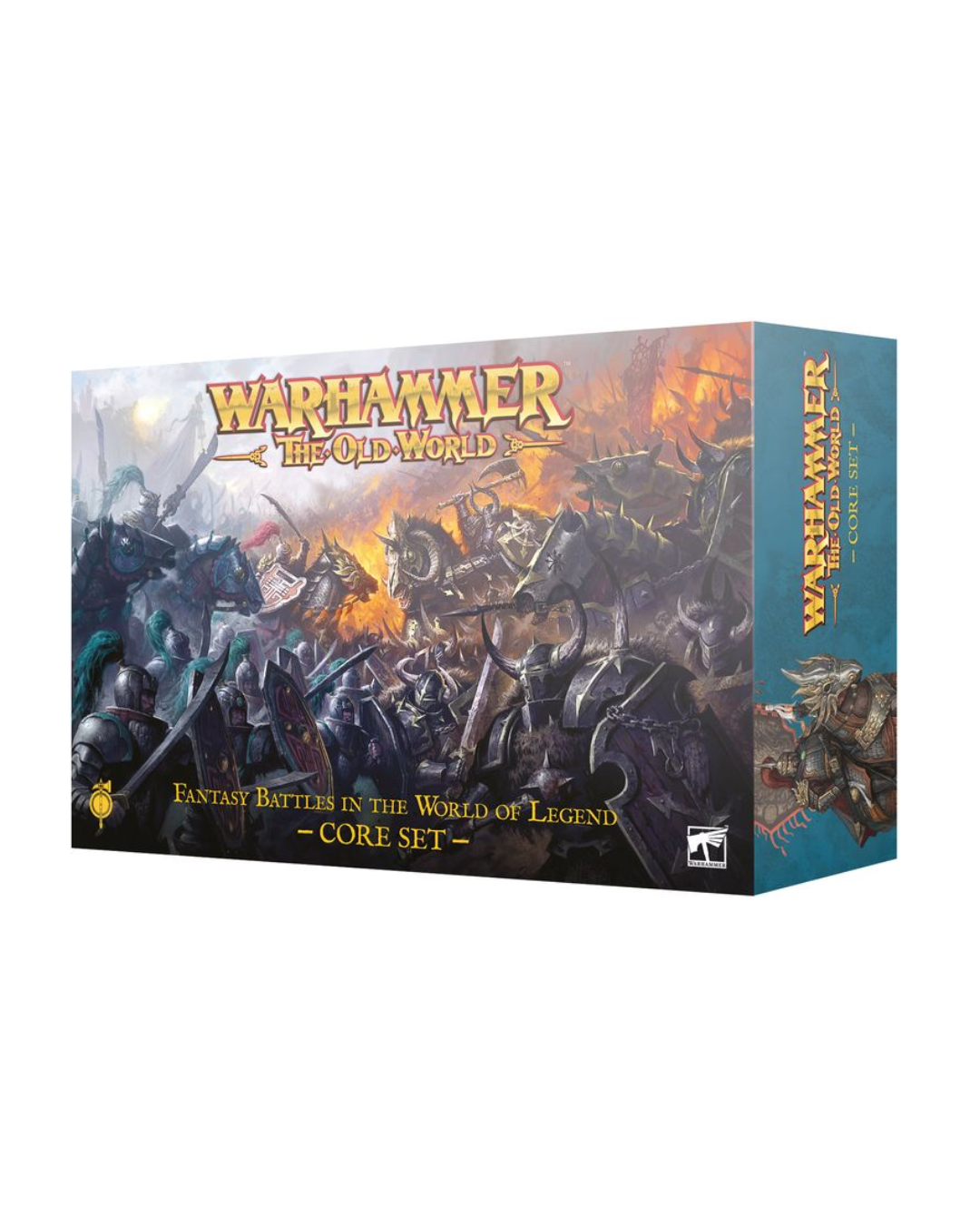 Warhammer The Old World Core Set box on a clean white background, showing the front cover and side panel with fantasy battle artwork and the Warhammer logo. 