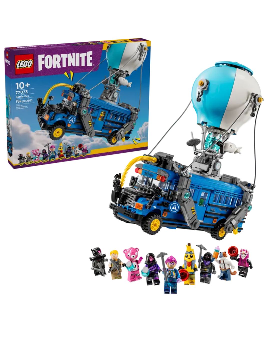 LEGO Fortnite set with hot air balloon and characters on a white background