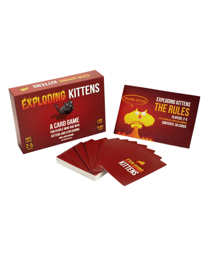 Exploding Kittens card game set on a white background, showing the red game box, the flat rule card, and a fan of red cards.