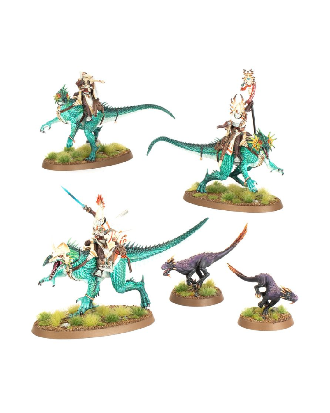 Warhammer gaming miniatures on round brown bases against a plain white background: two teal dragon-like mounts with riders in tan and brown armor, and two smaller dark purple reptile-like figures.