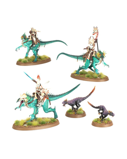 Warhammer gaming miniatures on round brown bases against a plain white background: two teal dragon-like mounts with riders in tan and brown armor, and two smaller dark purple reptile-like figures.