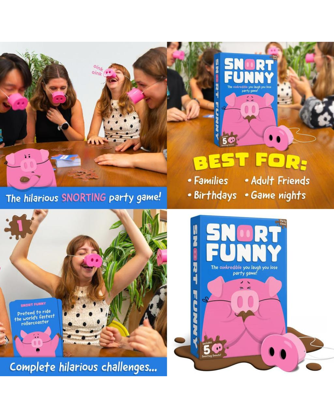 A 2x2 collage promoting the 'Smart Funny' party game. The top-left panel shows several women laughing at a table with pink pig-shaped drinking straws.