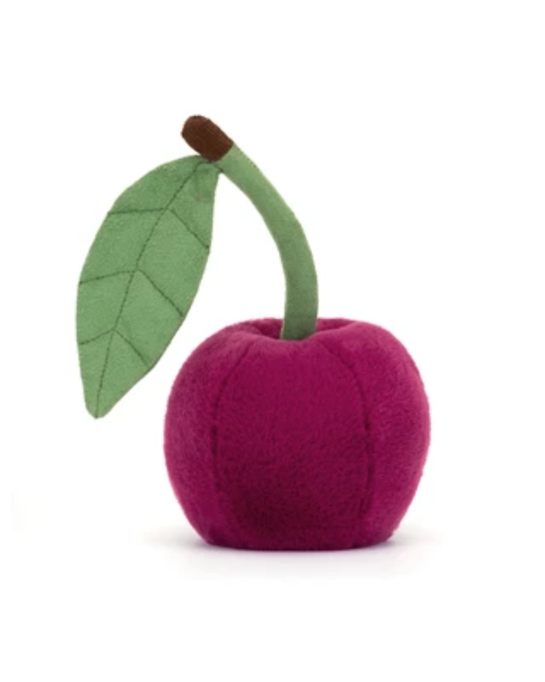 A plush felt fruit toy shaped like a magenta-pink apple with a green stem and leaf, shown on a plain white background.