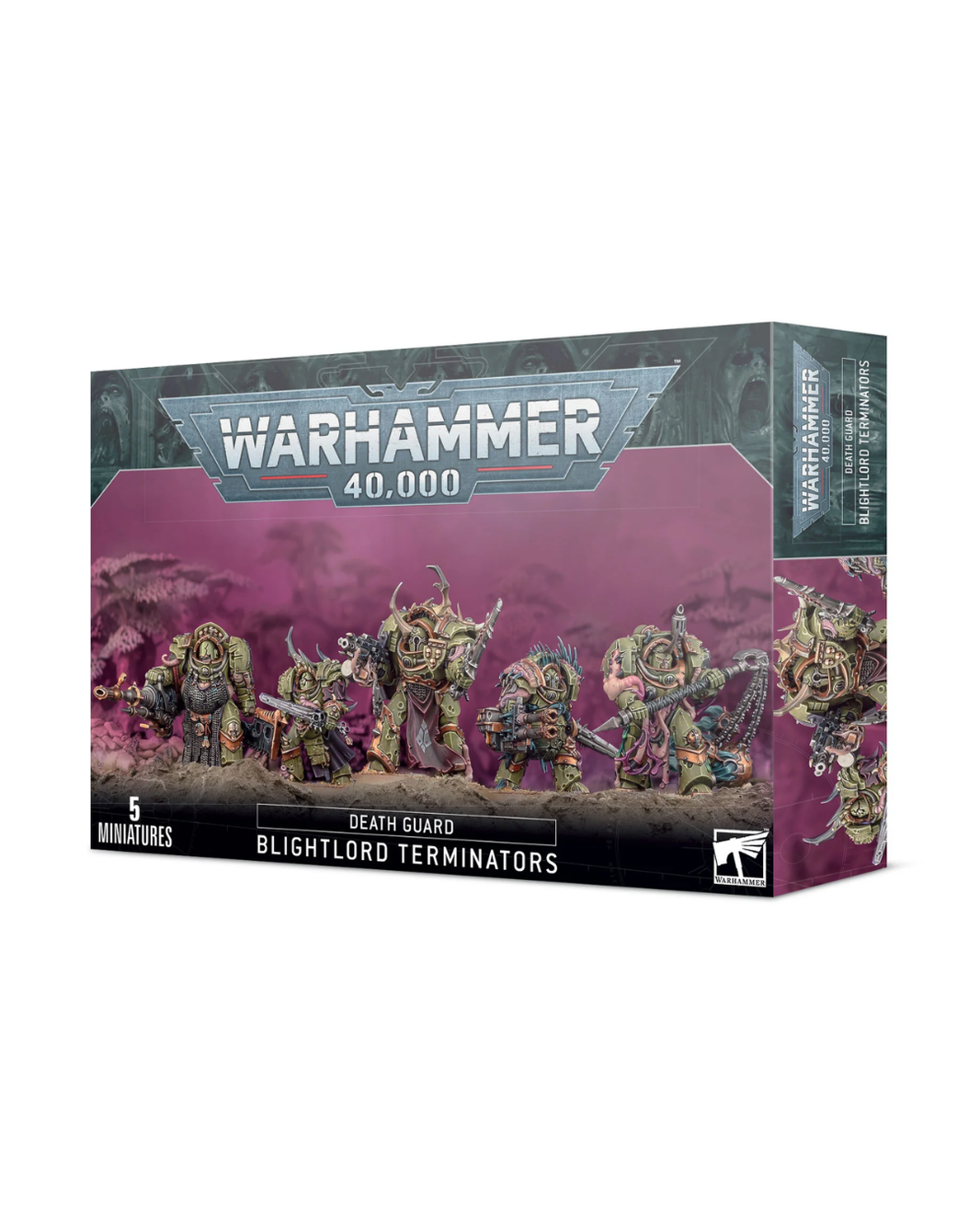 Warhammer 40,000 Death Guard Blightlord Terminators miniatures box set, featuring a detailed sci-fi fantasy box design with illustrated ghoulish creatures and the Warhammer 40,000 logo.