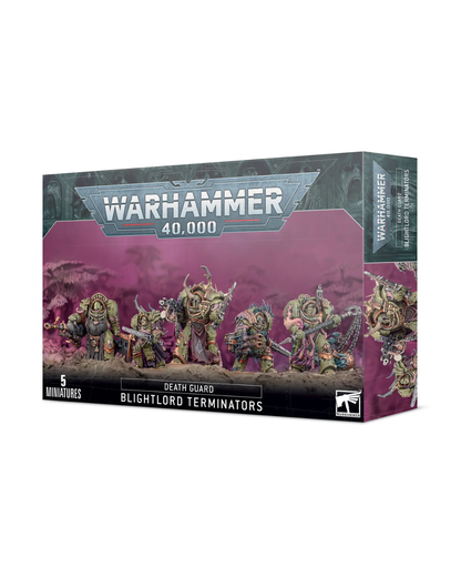 Warhammer 40,000 Death Guard Blightlord Terminators miniatures box set, featuring a detailed sci-fi fantasy box design with illustrated ghoulish creatures and the Warhammer 40,000 logo.
