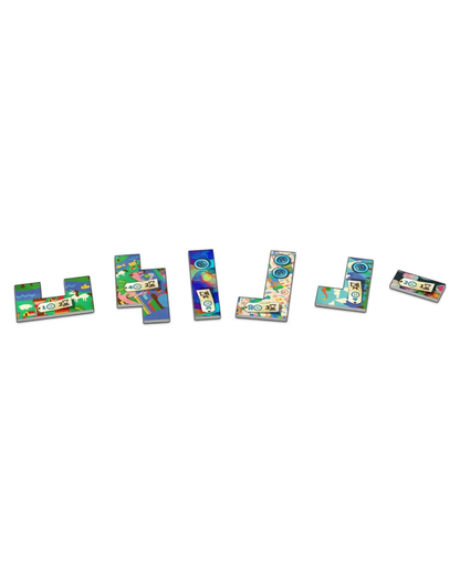 A set of colorful, rectangular letter tiles  arranged on a plain white background. The tiles feature vibrant, multicolored patterns with illustrations of palm trees, tropical scenery, and geometric designs.