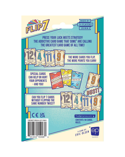 Back of a Flip 7 card game card pack by TheOpGames, featuring product information, rules text, sample card graphics, and a barcode on a teal and cream background.