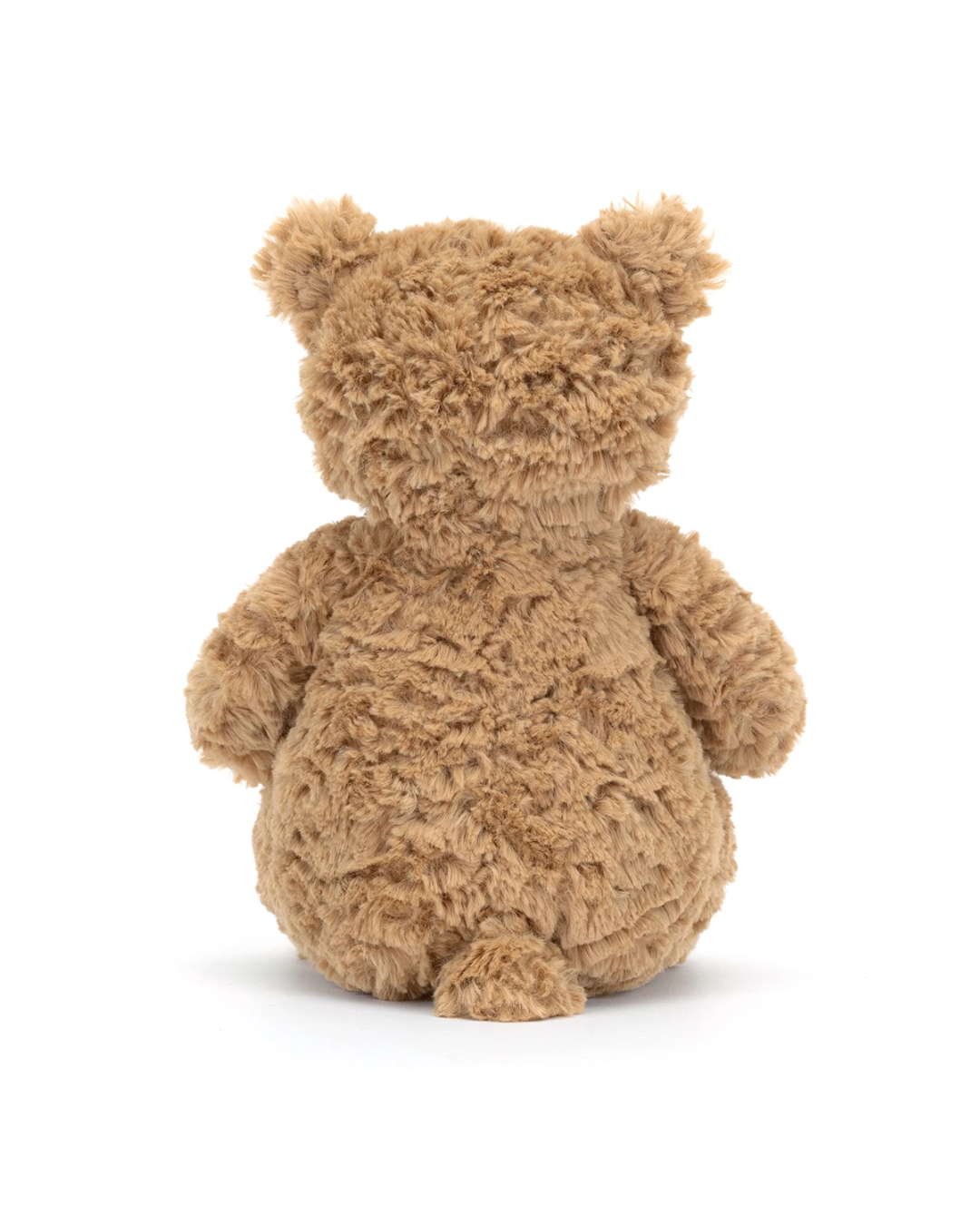 A plush teddy bear toy shown from the back, featuring curly, shaggy brown fur and sitting upright against a clean white background.