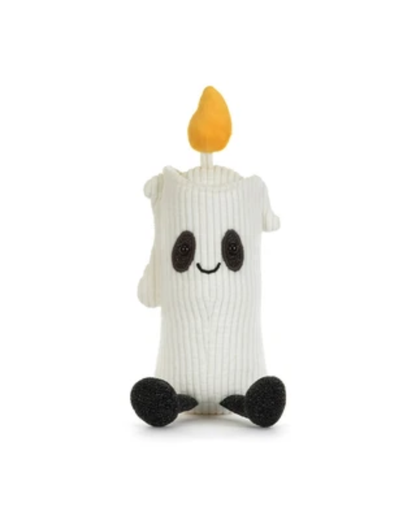 A white ribbed knit plush candle toy with a smiling face, black feet, and a yellow-orange flame on top, shown against a plain white background.