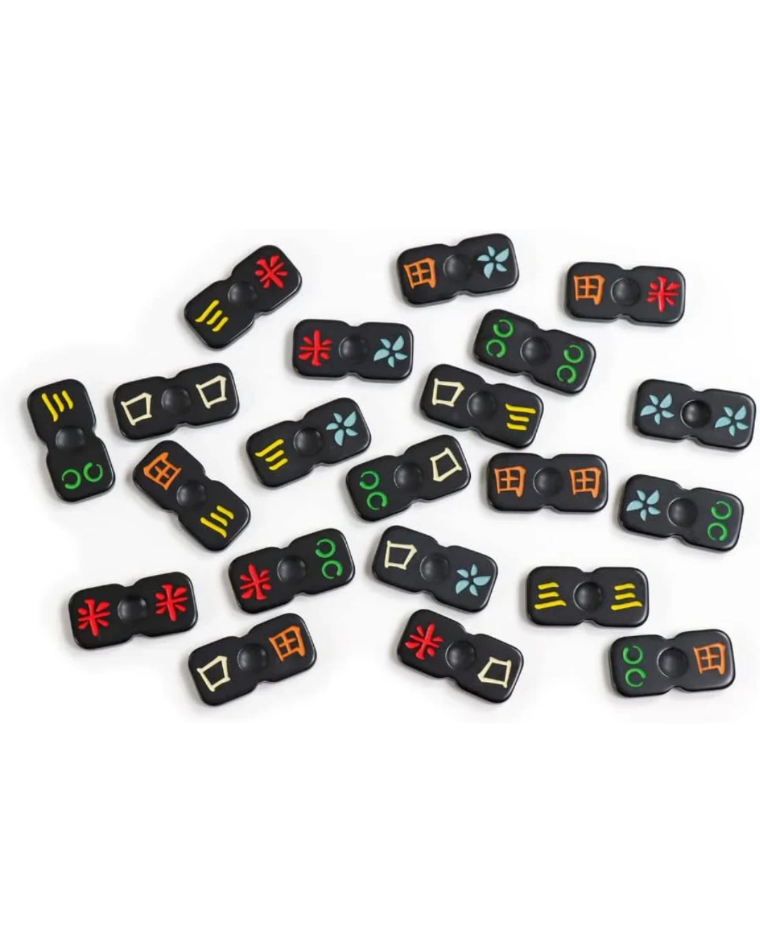 A set of black Chinese Trigrams (Bagua) tiles scattered on a plain white background, each featuring different colored symbols including red, orange, yellow, green, and light blue.