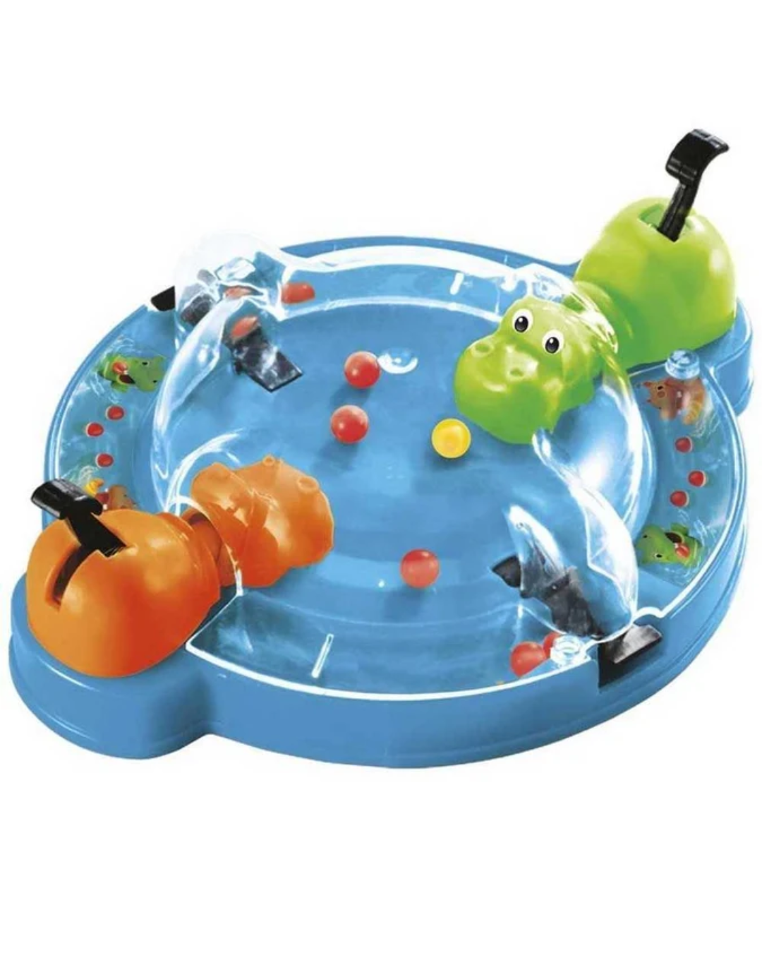 Hungry Hungry Hippos board game in front of plain white background with green and orange hippo. 