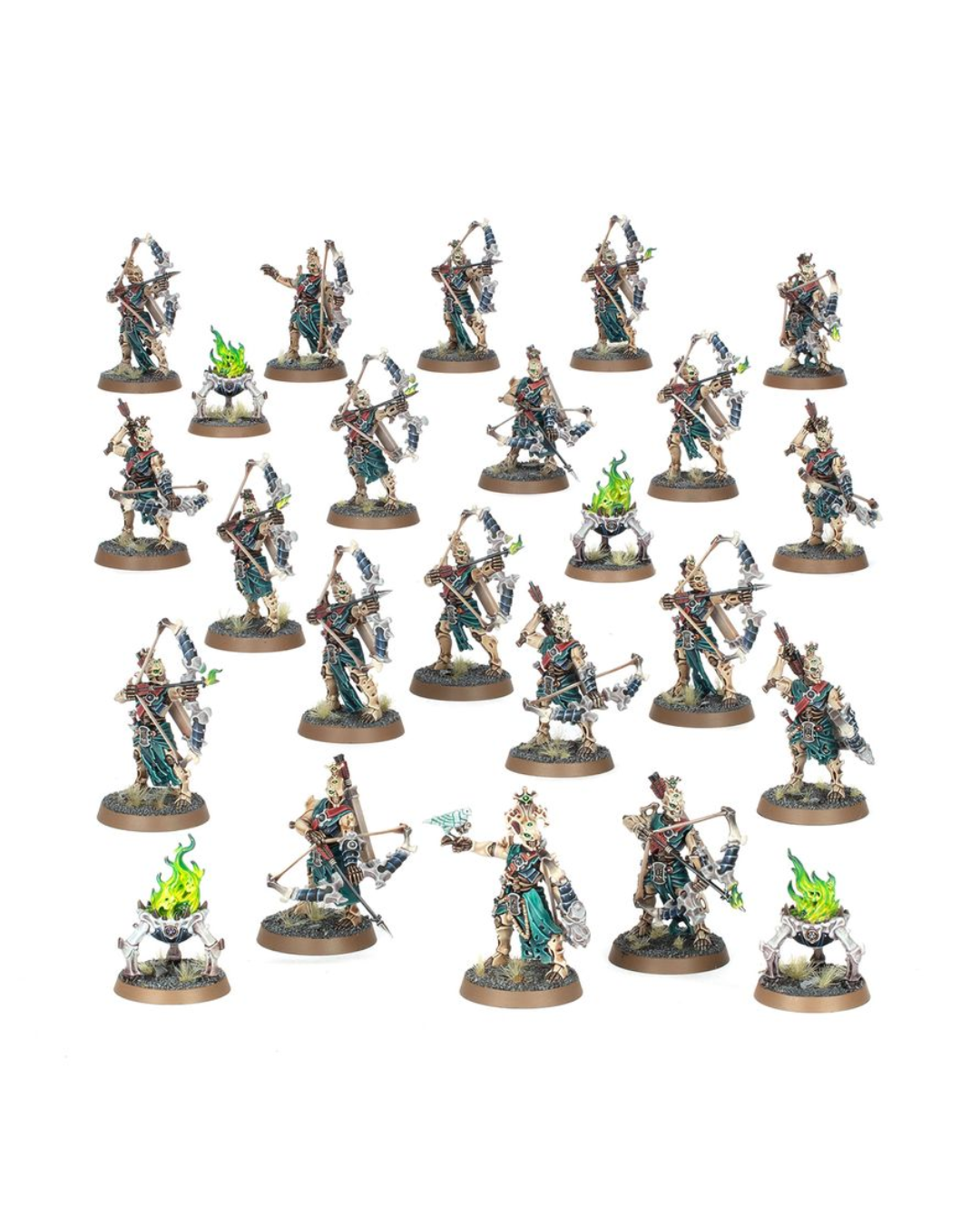 A set of painted fantasy warrior miniatures arranged on a plain white background. The figures are detailed with metallic silver armor, teal and blue garments, and various weapons, with some featuring green glowing effects.