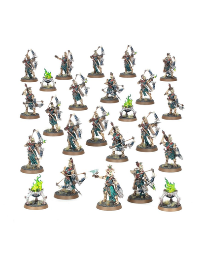 A set of painted fantasy warrior miniatures arranged on a plain white background. The figures are detailed with metallic silver armor, teal and blue garments, and various weapons, with some featuring green glowing effects.