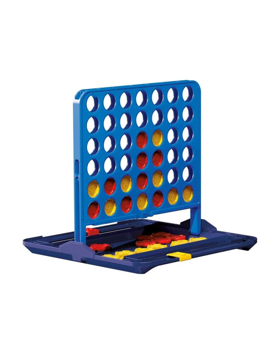 A blue Connect 4 game board with red and yellow discs, shown open on a white background.
