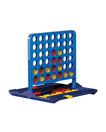 A blue Connect 4 game board with red and yellow discs, shown open on a white background.