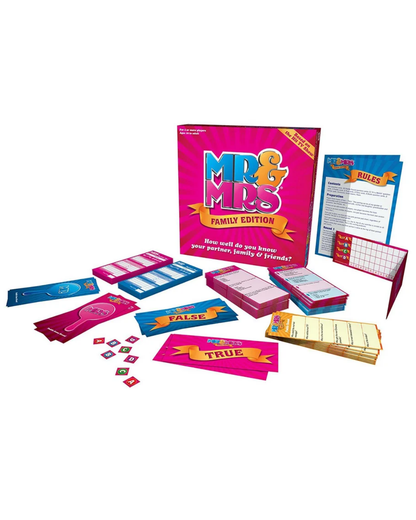 Mr. & Mrs. board game contents laid out with display box in front of a plain white background