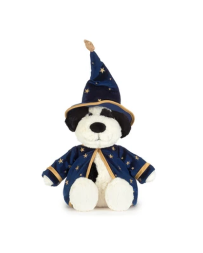 A plush dog toy dressed as a wizard, featuring a navy blue robe and pointed hat with gold stars and trim, set against a plain white background.
