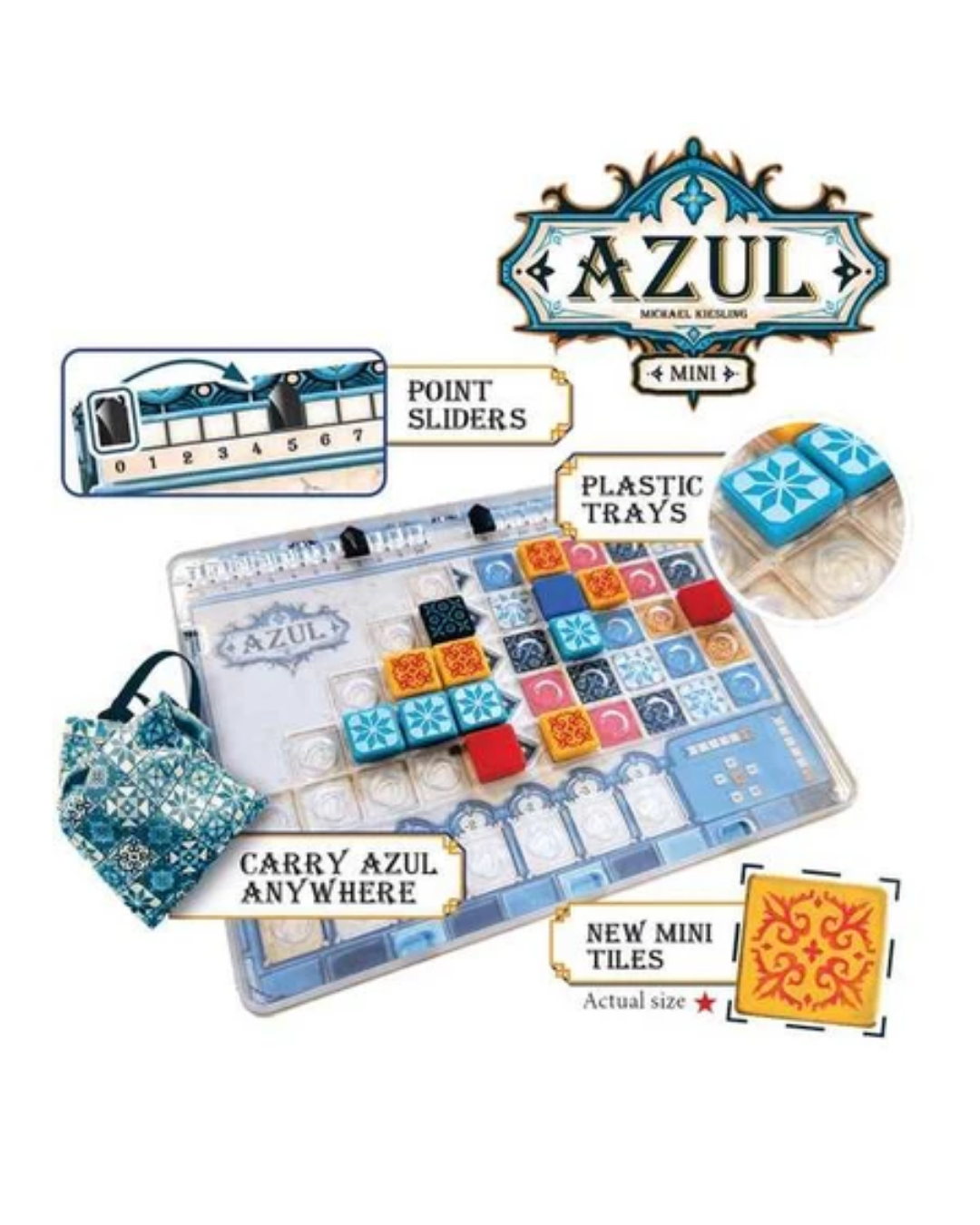 Azul Mini board game set featuring a clear carrying case with colorful mini tiles, a blue patterned fabric bag, and labeled callouts for point sliders, plastic trays, and carry anywhere, on a white background.