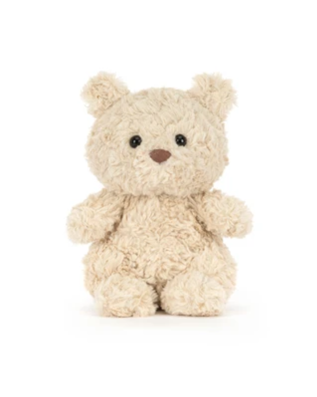 A small plush teddy bear with curly cream-colored fur, black bead eyes, and a brown stitched nose, sitting against a plain white background.