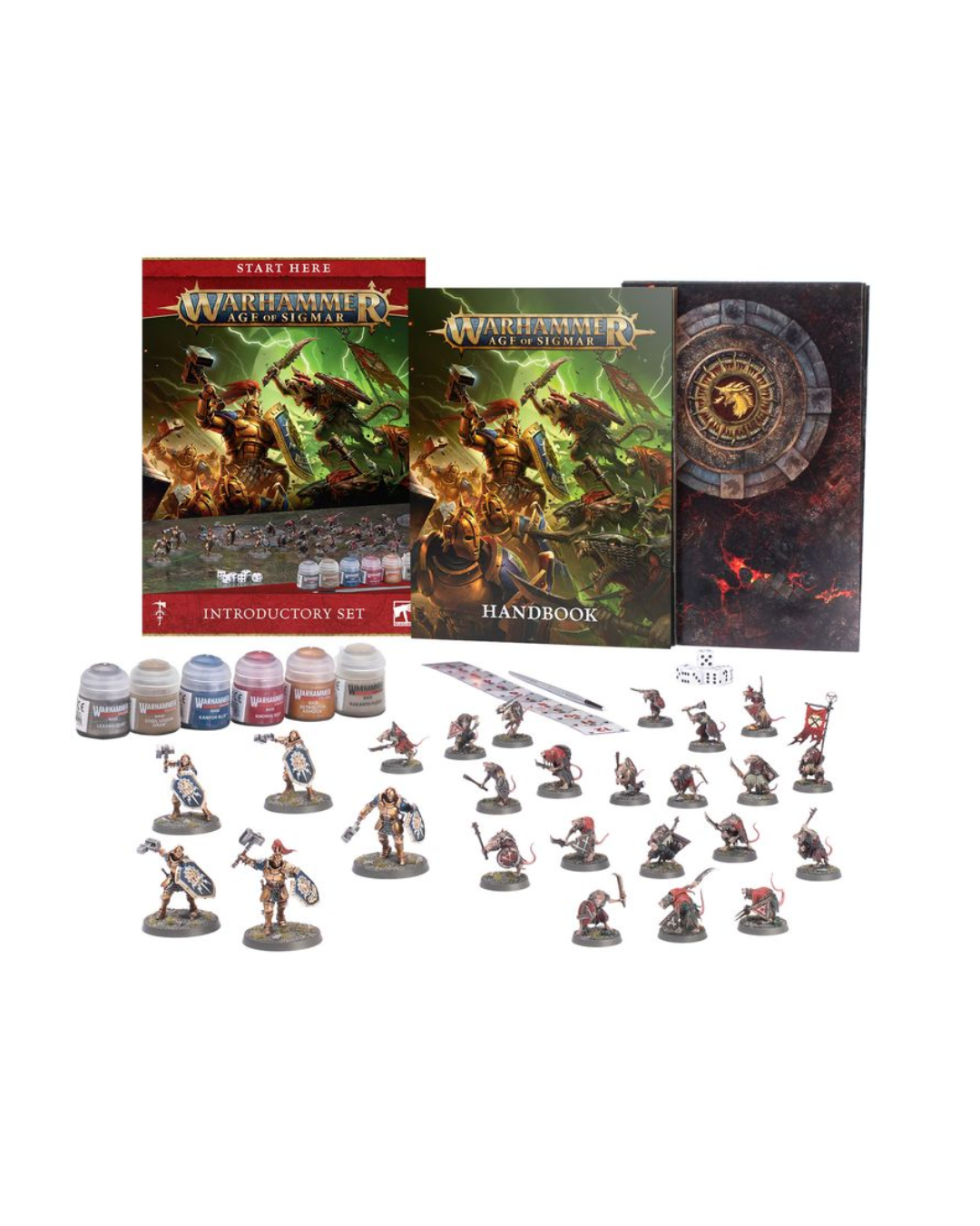 Warhammer 40k Introductory Set starter kit on a white background, including the starter box, handbook, miniatures, paint pots, brush, and swatches.