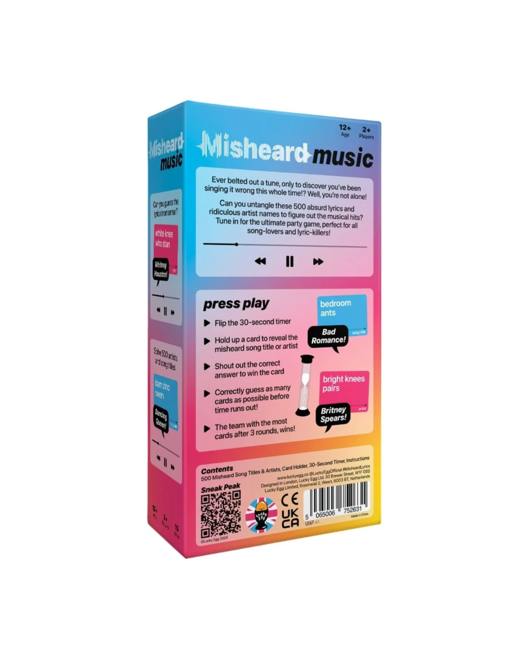 The back of the Misheard Music board game box, featuring a colorful design with blue, pink, and yellow sections, instructions, and a barcode on a white background.
