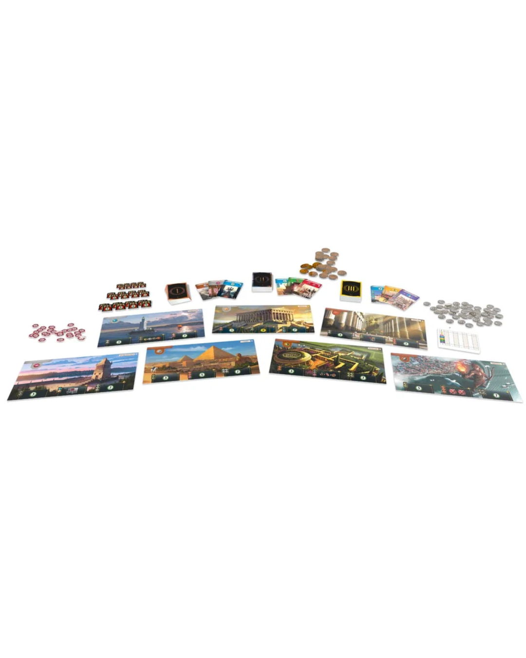 A laid-out board game set on a plain white background, showing multiple printed cards, small accessories, coins, and tokens arranged in a row.