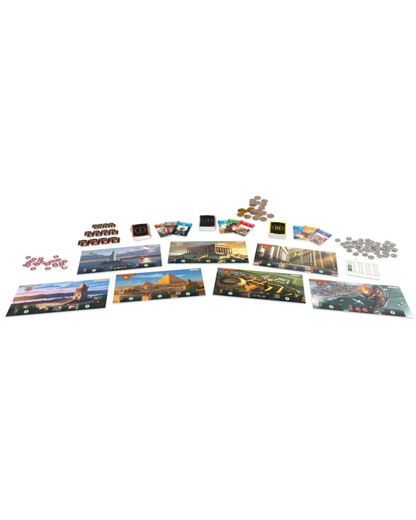 A laid-out board game set on a plain white background, showing multiple printed cards, small accessories, coins, and tokens arranged in a row.