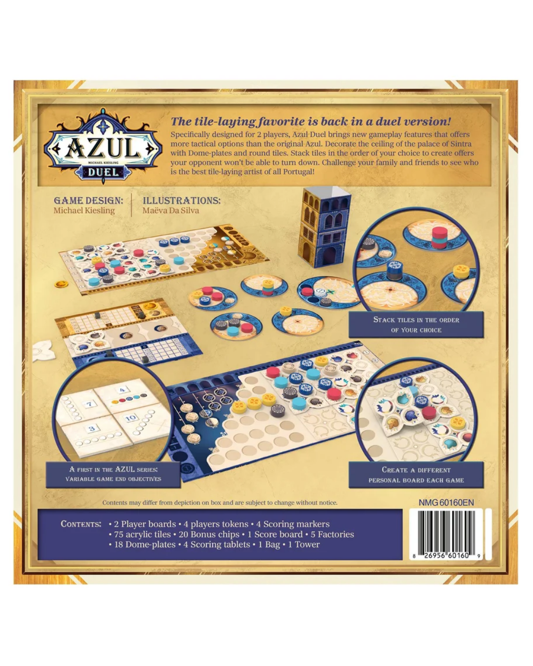 Back of an Azul Duel board game box showing product details, rules, component counts, and a barcode on a beige background with illustrated gameplay scenes.