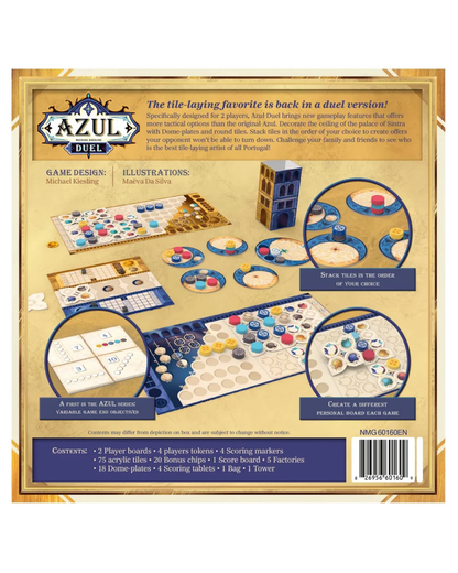 Back of an Azul Duel board game box showing product details, rules, component counts, and a barcode on a beige background with illustrated gameplay scenes.