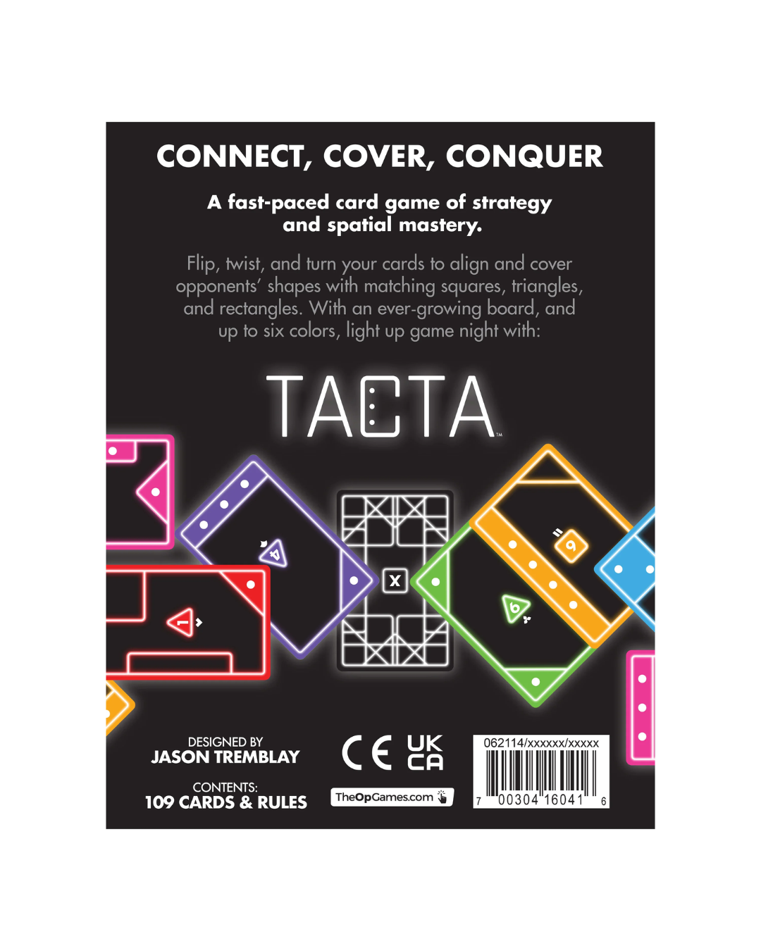 Back cover of the TACTA card game box on a black background, with white title text, a short product description, and colorful geometric card shape illustrations in pink, purple, orange, yellow, and blue.