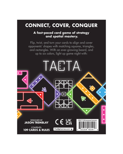 Back cover of the TACTA card game box on a black background, with white title text, a short product description, and colorful geometric card shape illustrations in pink, purple, orange, yellow, and blue.