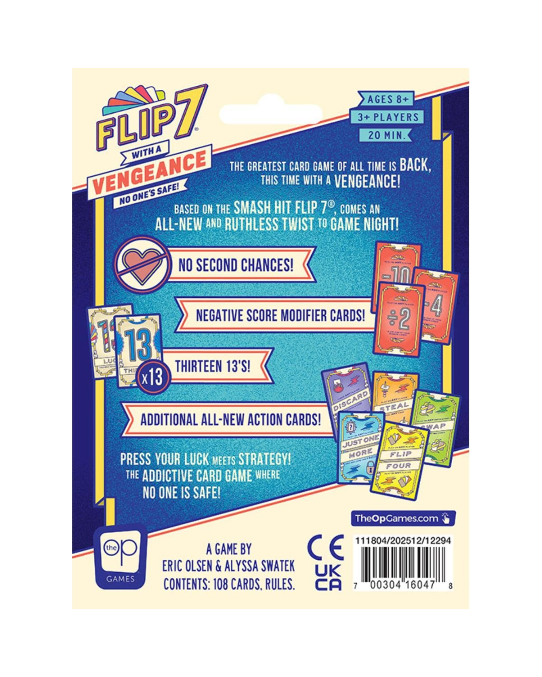 The back of a Flip 7 with Vengeance card game package, showing product information, rules, card counts, and sample cards on a blue and cream background.