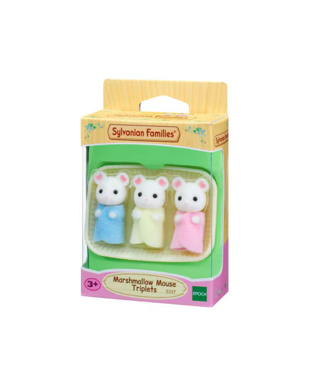 Sylvanian Families Marshmallow Mouse Triplets set in its original packaging, featuring three small plush mouse figures in blue, cream, and pink.