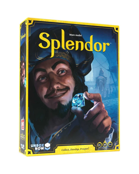 The board game box for 'Splendor' by Marc Andrei, featuring a bright yellow border and an illustration of a pirate holding a blue gem on a white background.