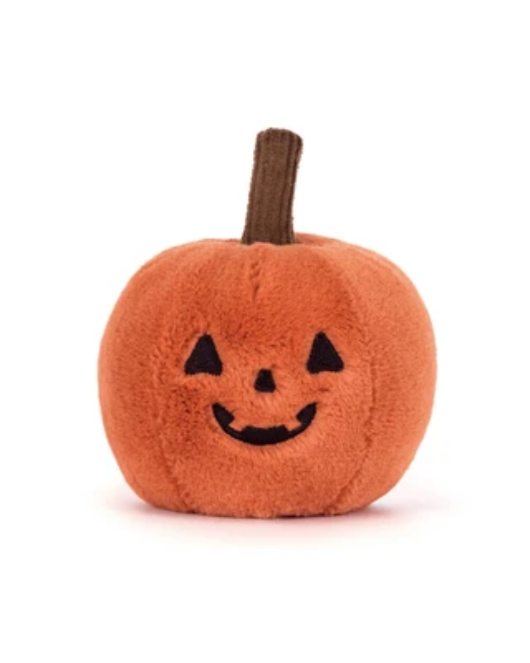 A small plush jack-o'-lantern toy in orange fuzzy fabric with a brown stem and a black embroidered face, photographed on a clean white background.