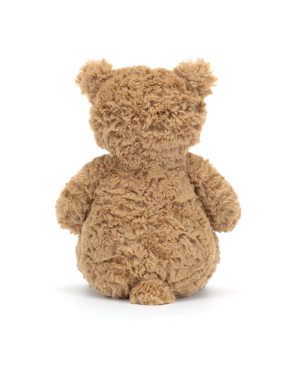 A plush teddy bear toy shown from the back, featuring curly, shaggy brown fur and sitting upright against a clean white background.