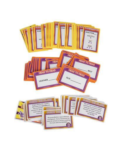 A set of printed game or activity cards arranged on a plain white background. The cards have bright yellow borders, purple headers, orange accents, and white text areas with fill-in lines and short text prompts.