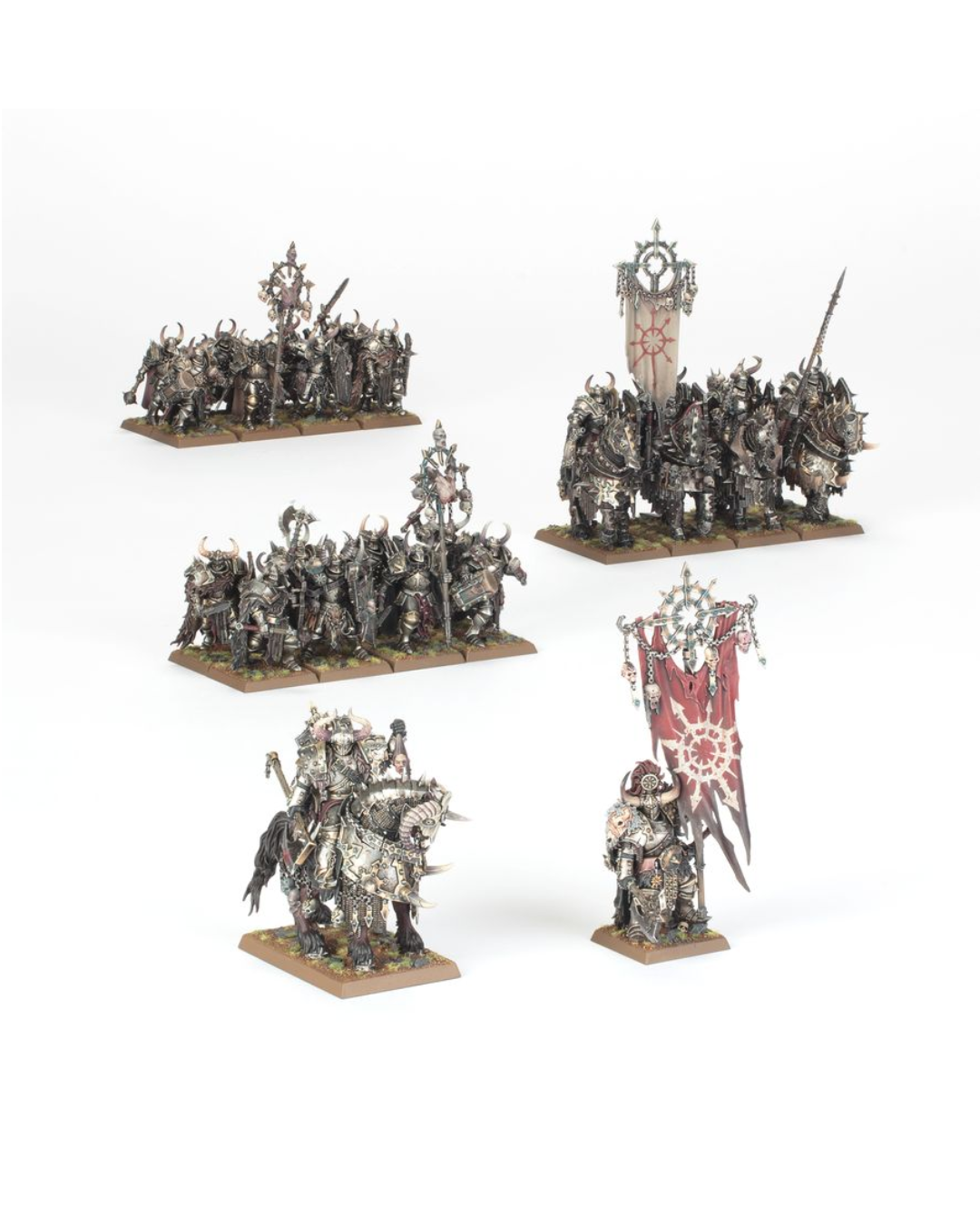 Five painted Warhammer miniature units on a plain white background, including armored riders, a mounted guard, and a bannered figure. The figures appear metallic silver-gray with some red and white details on the banners and armor.
