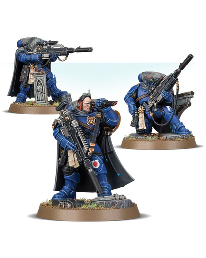 Three painted miniature figures of blue-armored sci-fi soldiers with black cloaks and rifles, each mounted on a round textured base, shown on a clean white background.