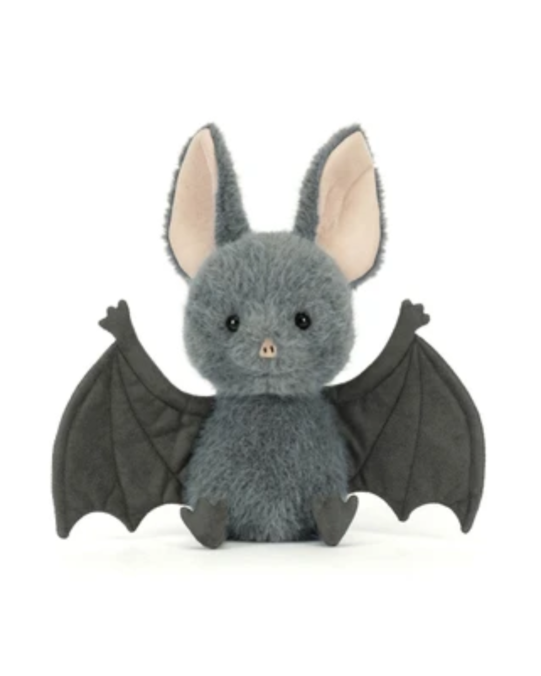 A plush toy bat in medium gray with dark gray wings, large pale pink inner ears, and small black eyes, sitting against a plain white background.