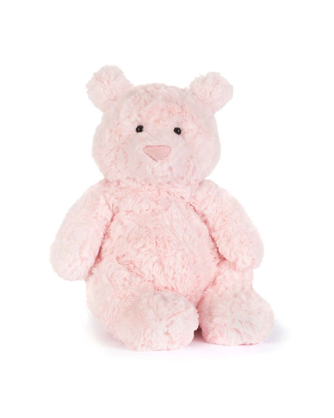 A light pink plush teddy bear with soft curly fur, small black bead eyes, and a matching pink stitched nose, sitting against a plain white background.
