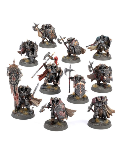 A set of ten painted fantasy warrior miniatures arranged on round bases against a plain white background.
