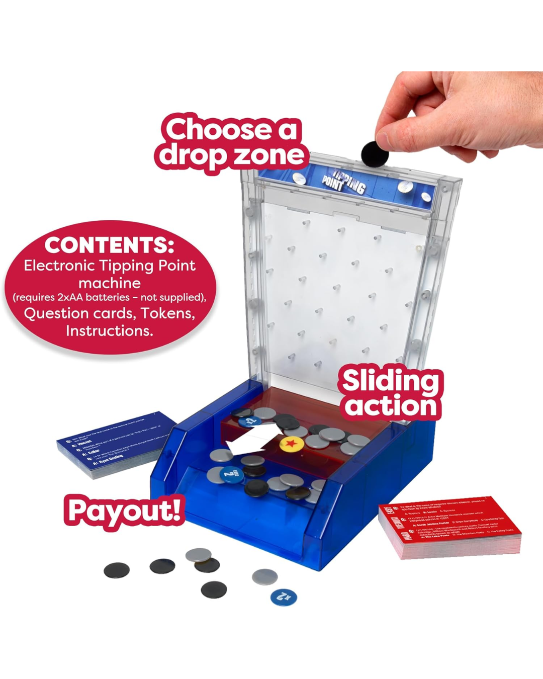 An electronic tipping point game machine shown on a white background with a hand placing a token into the open top. The blue game base contains round black, gray, and blue tokens, with printed callouts reading 'Choose a drop zone,' 'Sliding action,' and 'Payout!' plus a red contents callout.