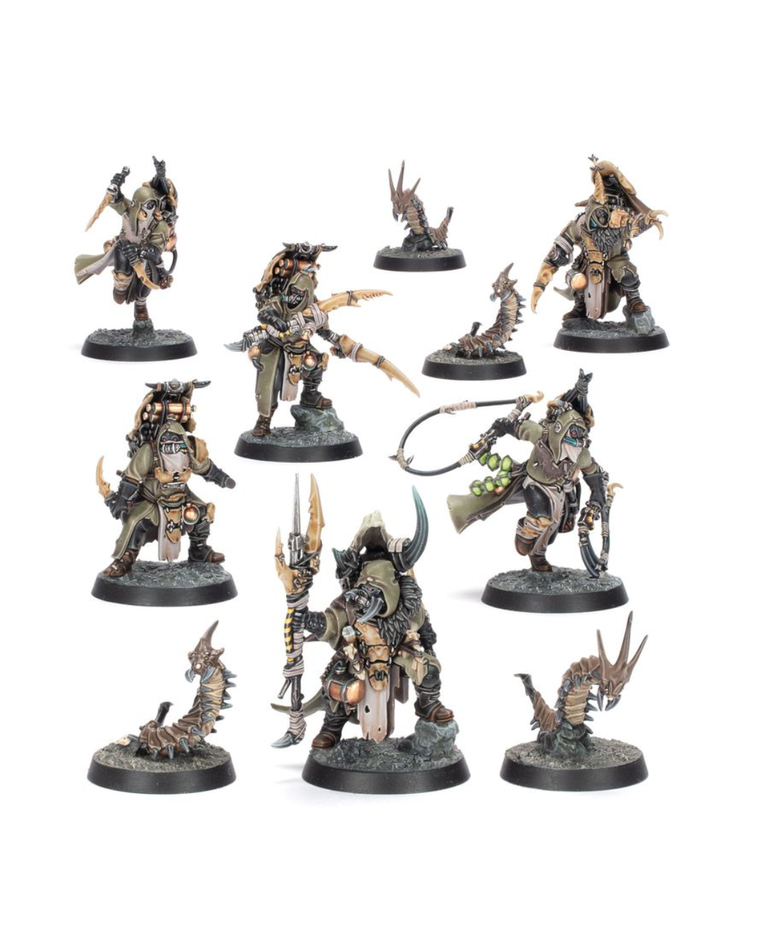 A set of nine painted fantasy miniature figures and small reptilian creatures arranged on a plain white background. The figures are detailed with metallic armor in muted silver, bronze, and dark gray tones, each mounted on a round black base.